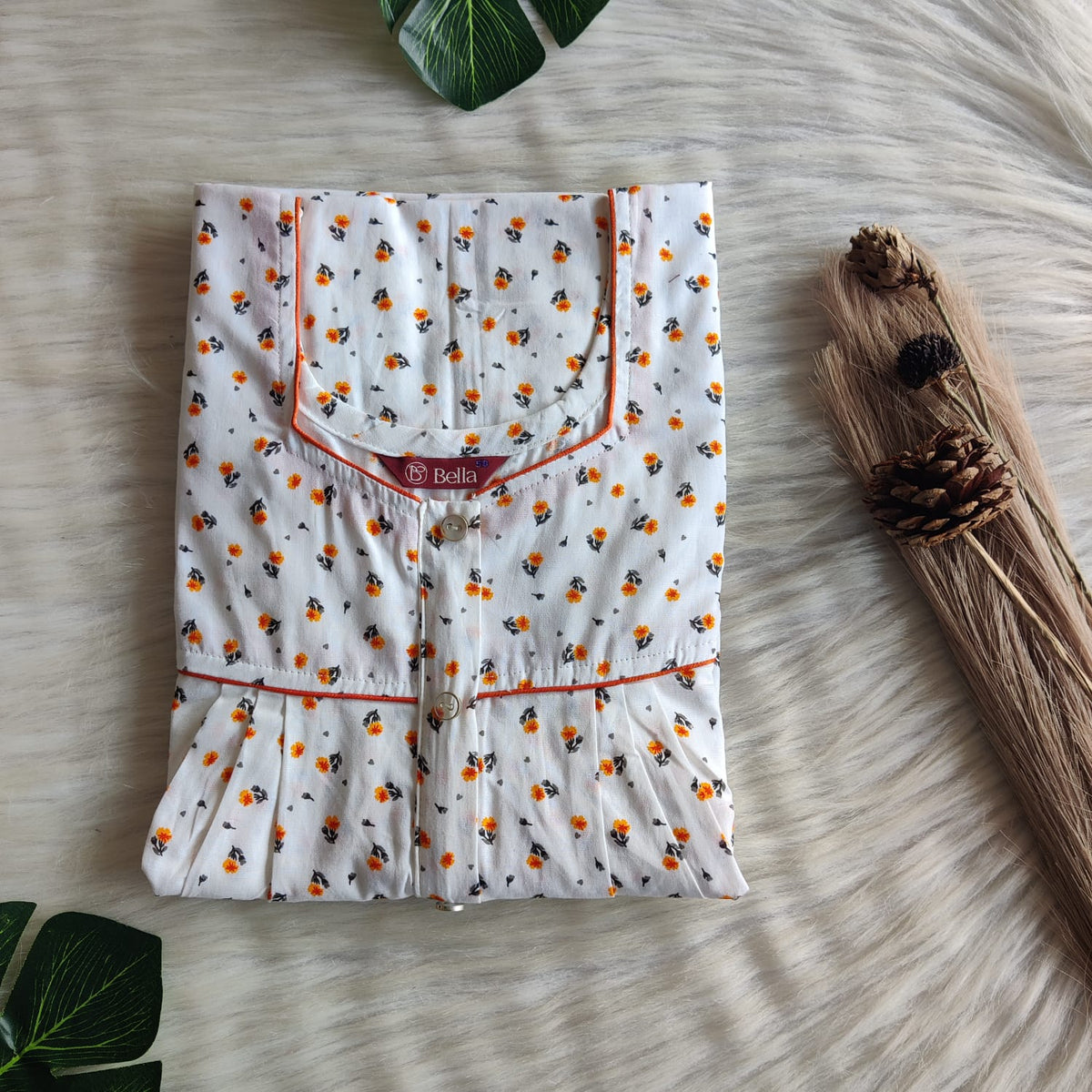 Orange Floral Printed White Premium Cotton Button Zip Nighty | Free Size | Chest Width 44″| Length 55″-56″