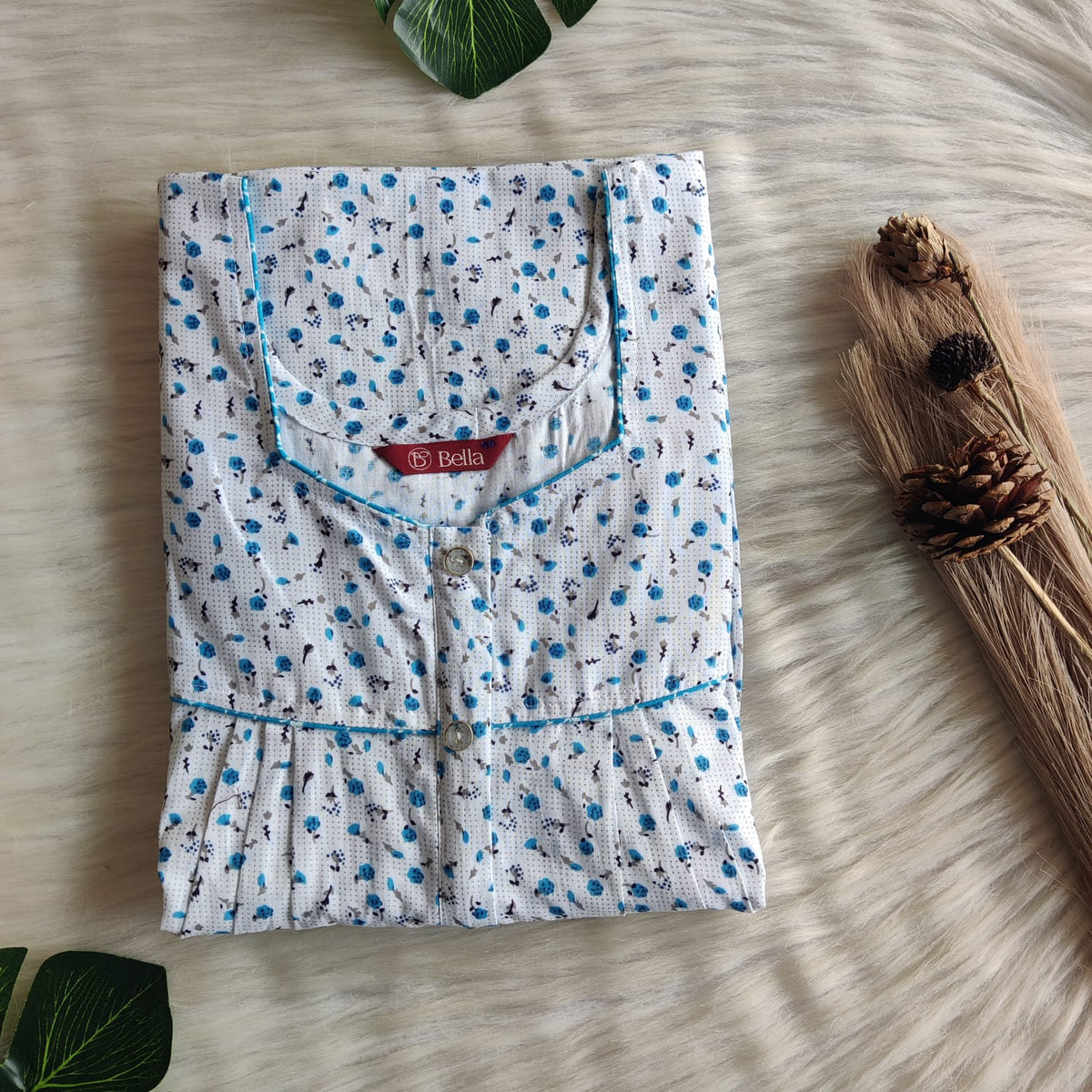 Aqua Blue Floral Printed White Premium Cotton Button Zip Nighty | Free Size | Chest Width 44″| Length 55″-56″
