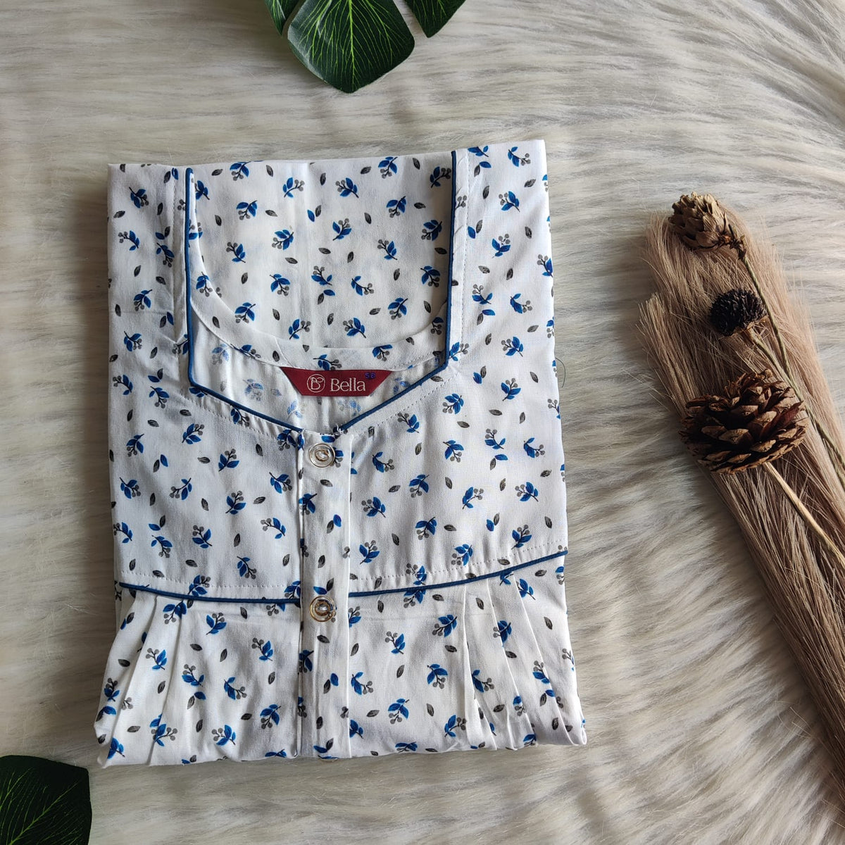 Blue Leaf Printed White Premium Cotton Button Zip Nighty | Free Size | Chest Width 44″| Length 55″-56″