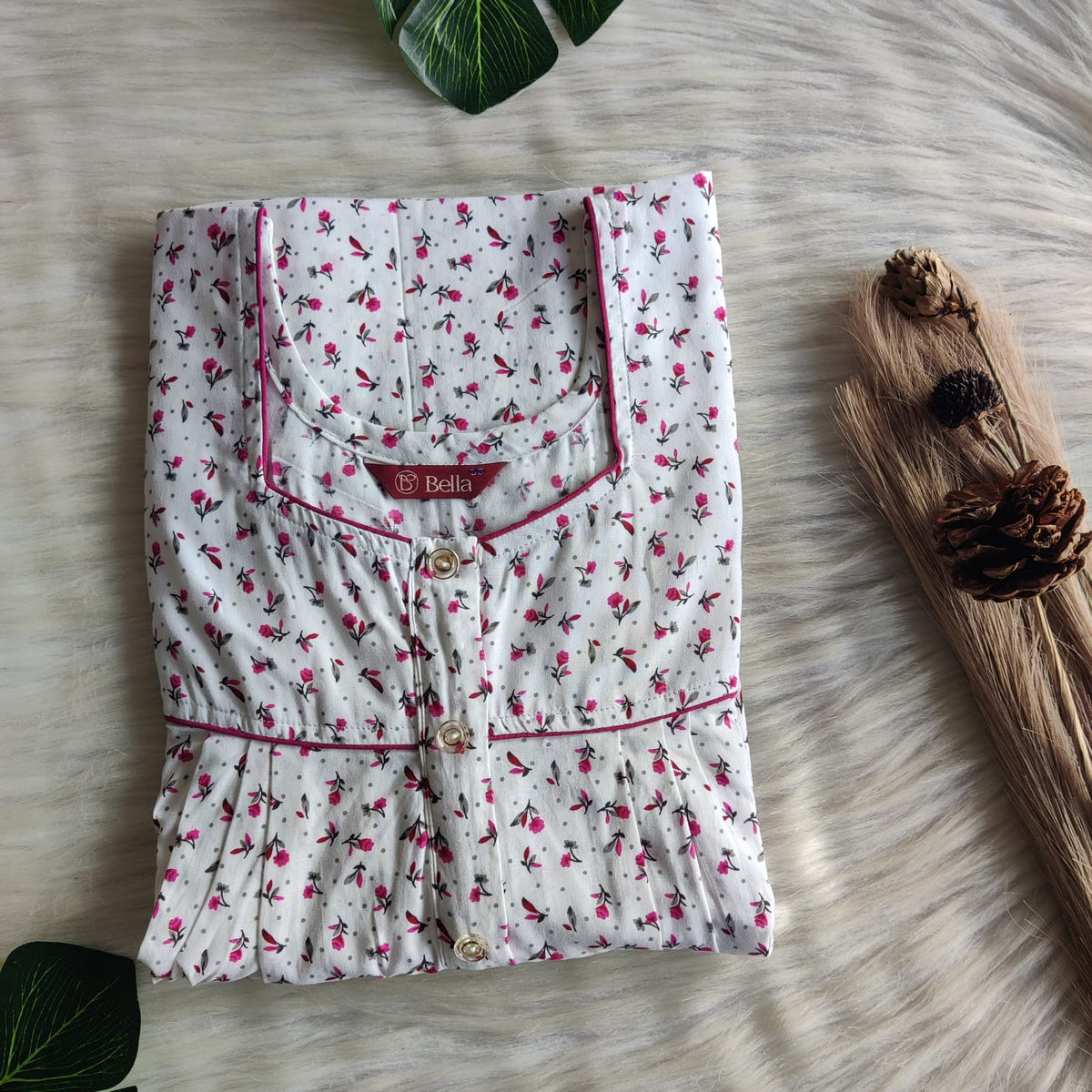Pink Floral Printed White Premium Cotton Button Zip Nighty | Free Size | Chest Width 44″| Length 55″-56″