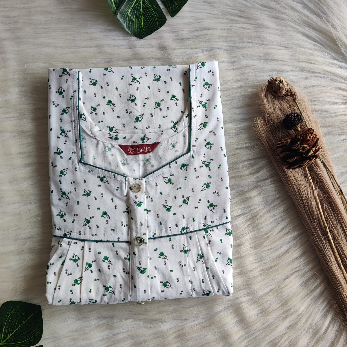 Green Floral Printed White Premium Cotton Button Zip Nighty | Free Size | Chest Width 44″| Length 55″-56″
