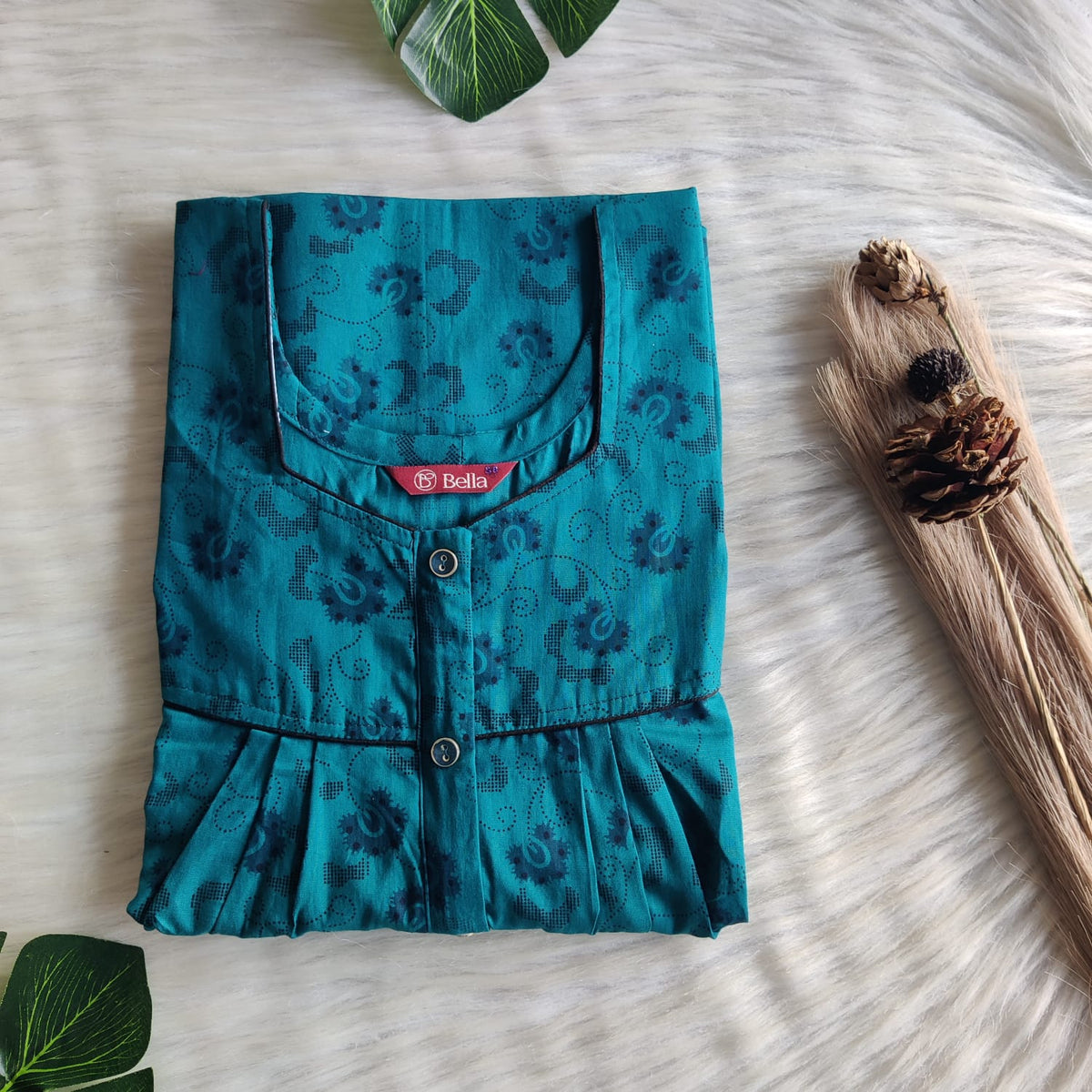 Teal Green Premium Cotton Button Zip Nighty | Free Size | Chest Width 44″| Length 55″-56″