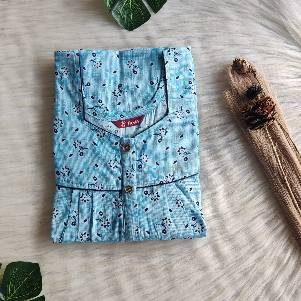 Aqua Blue Floral Premium Cotton Button Zip Nighty | Free Size | Chest Width 44″| Length 55″-56″
