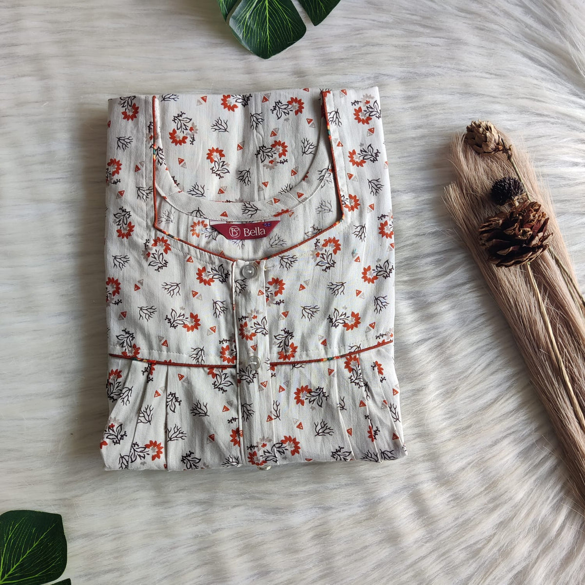 Ash Floral Premium Cotton Button Zip Nighty | Free Size | Chest Width 44″| Length 55″-56″