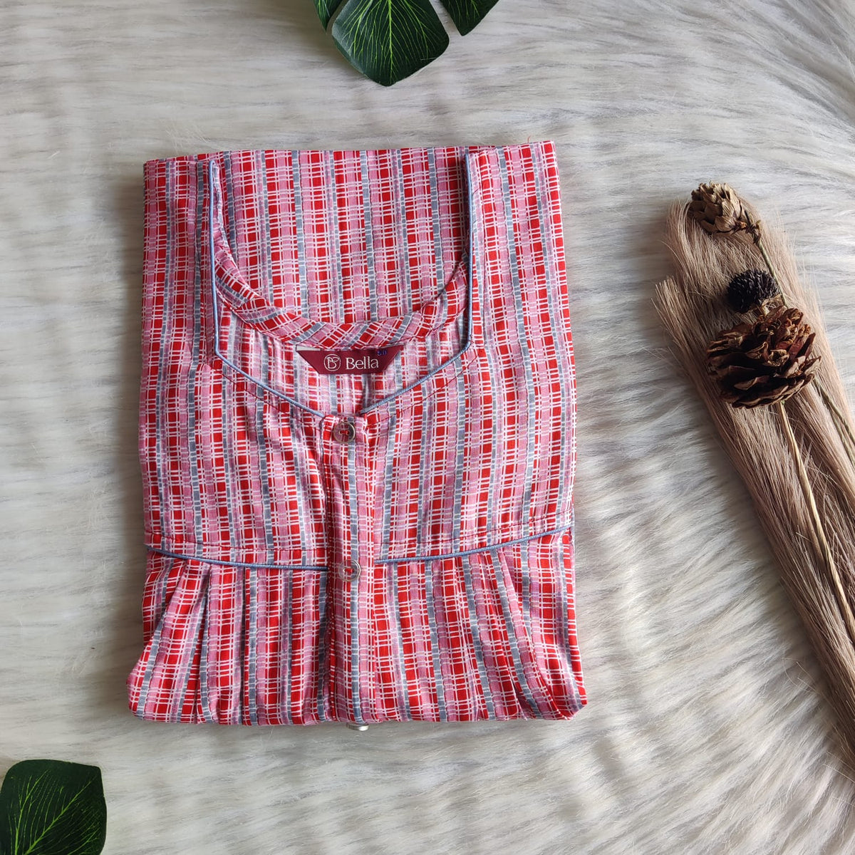 Red And Pink Check Premium Cotton Button Zip Nighty | Free Size | Chest Width 44″| Length 55″-56″