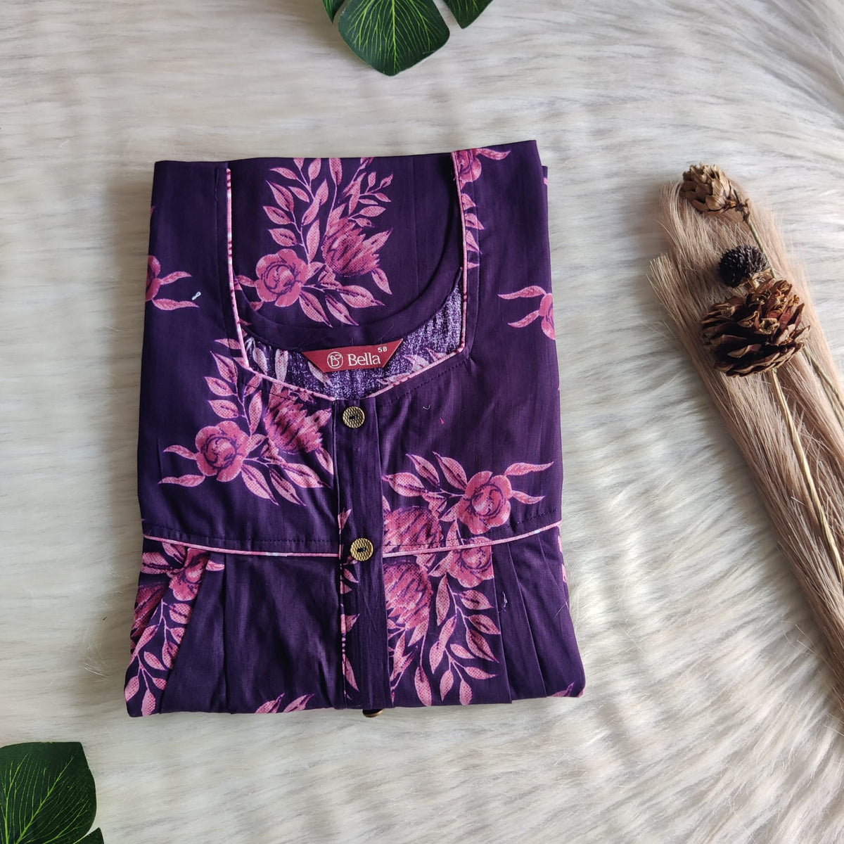 Mauve Floral Printed Purple  Premium Cotton Button Zip Nighty | Free Size | Chest Width 44″| Length 55″-56″