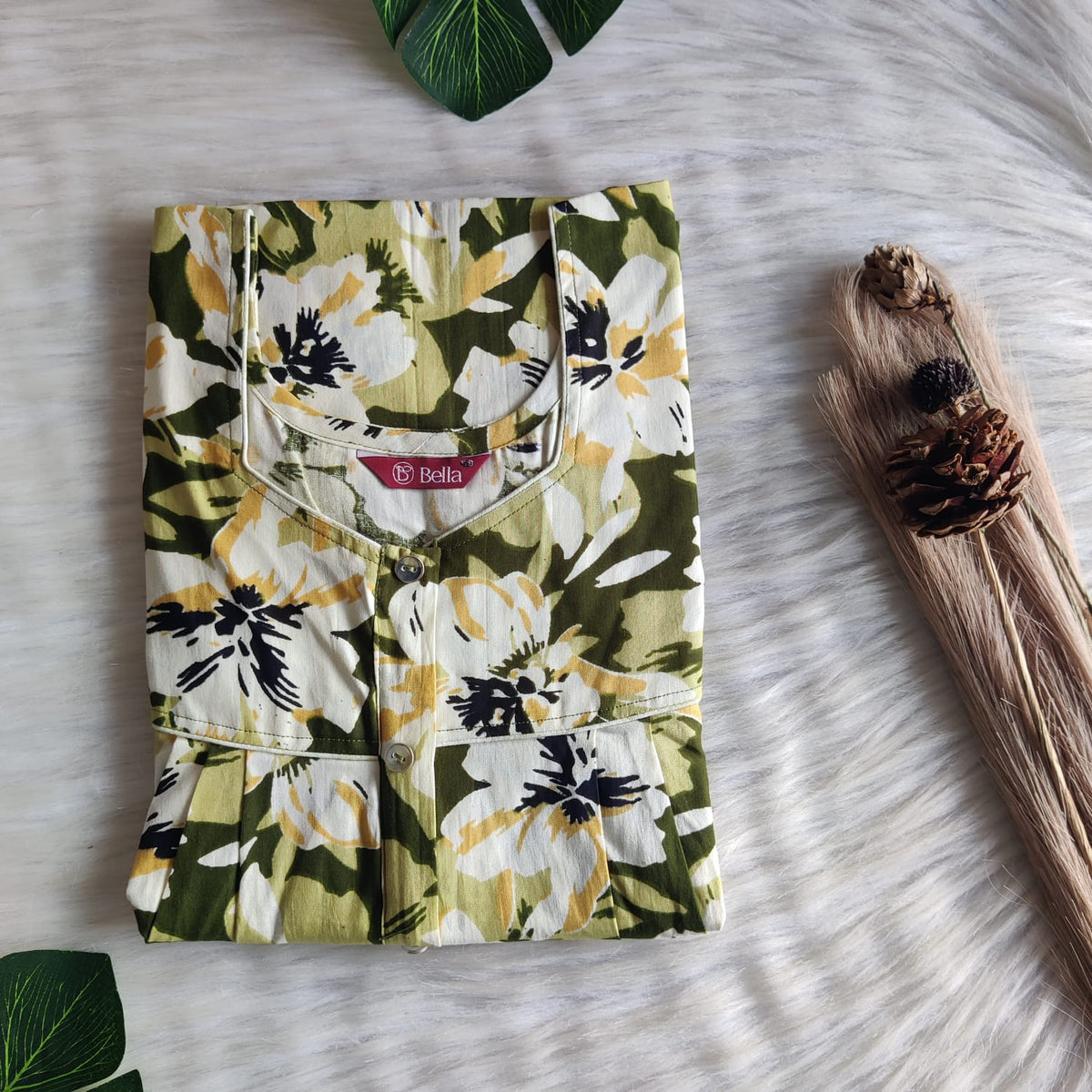 White Floral Printed Green Premium Cotton Button Zip Nighty | Free Size | Chest Width 44″| Length 55″-56″