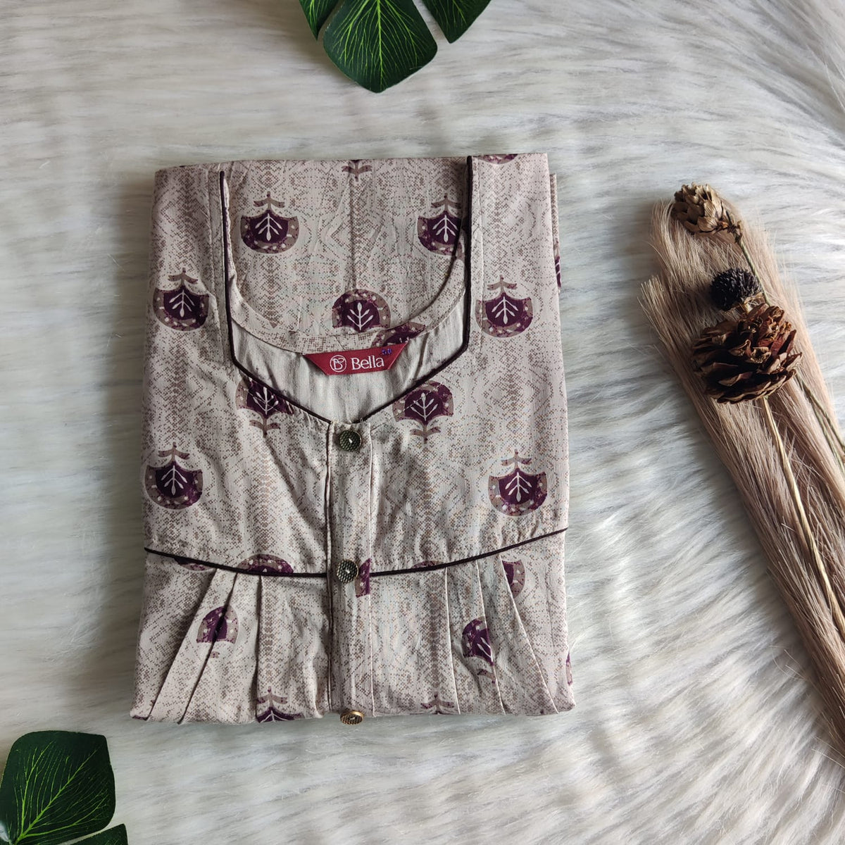 Beige Floral Printed Premium Cotton Button Zip Nighty | Free Size | Chest Width 44″| Length 55″-56″