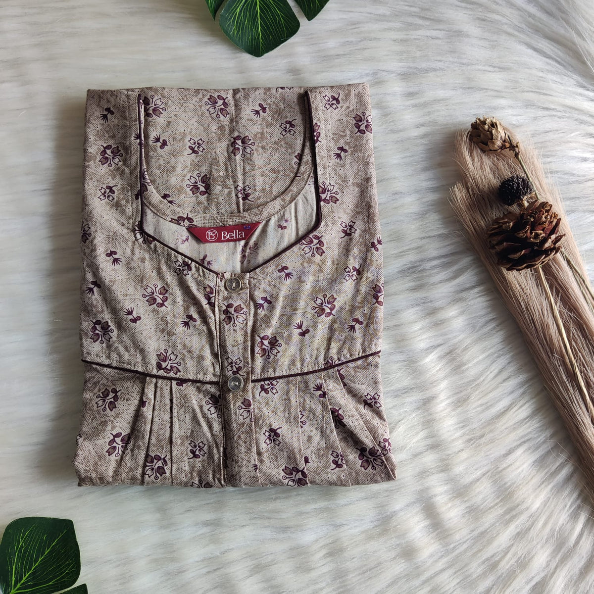 Beige Printed Premium Cotton Button Zip Nighty | Free Size | Chest Width 44″| Length 55″-56″