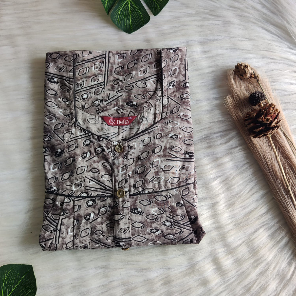 Ash And Black Printed Premium Cotton Button Zip Nighty | Free Size | Chest Width 44″| Length 55″-56″