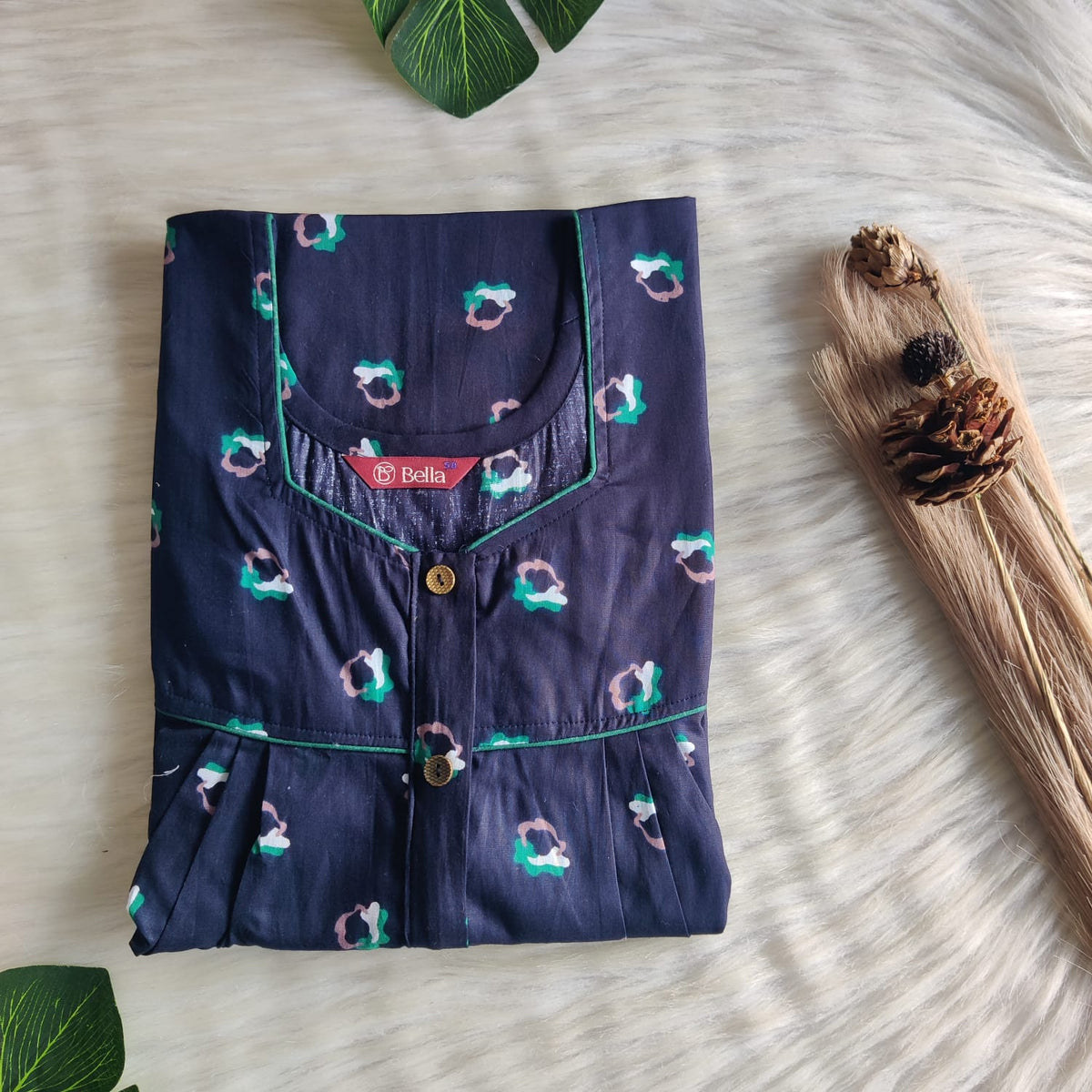 Navy Blue Floral Printed Premium Cotton Button Zip Nighty | Free Size | Chest Width 44″| Length 55″-56″