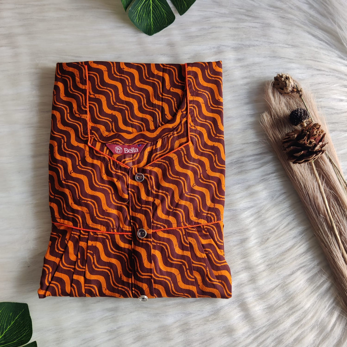 Orange And Brown Printed Premium Cotton Button Zip Nighty | Free Size | Chest Width 44″| Length 55″-56″
