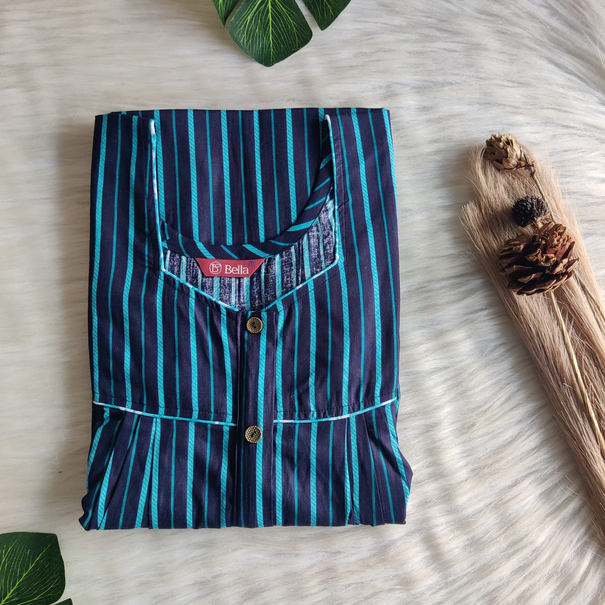 Navy Blue Stripe Printed Premium Cotton Button Zip Nighty | Free Size | Chest Width 44″| Length 55″-56″