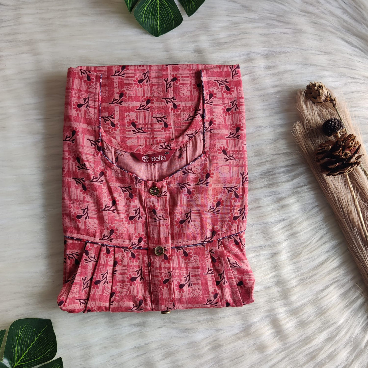 Peach Printed Premium Cotton Button Zip Nighty | Free Size | Chest Width 44″| Length 55″-56″