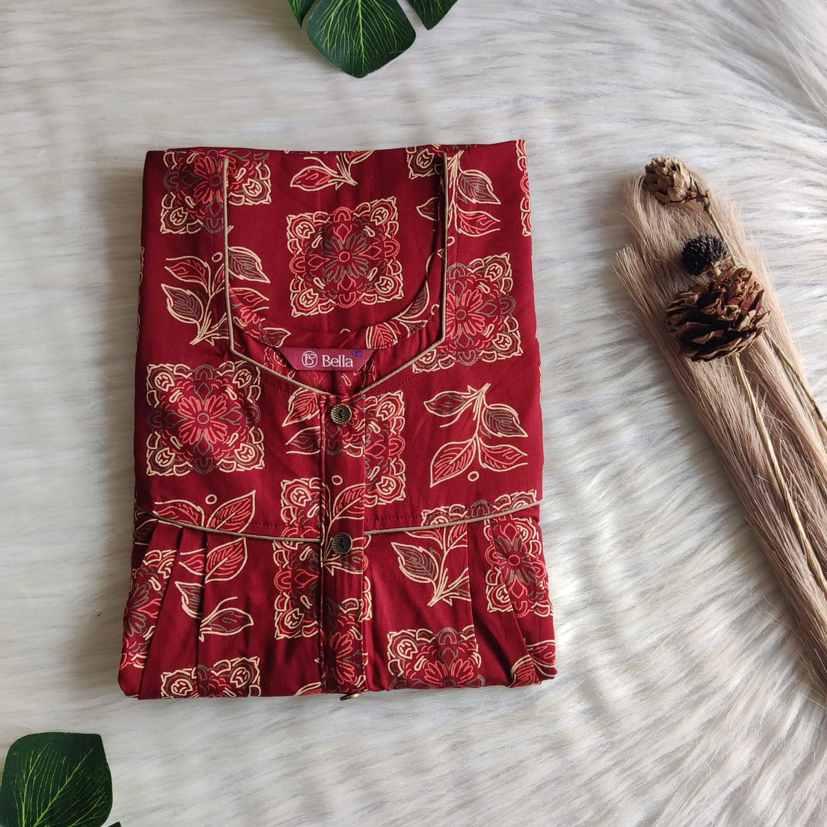 Cream Printed Maroon Cotton Button Zip Nighty | Free Size | Chest Width 44″| Length 55″-56″