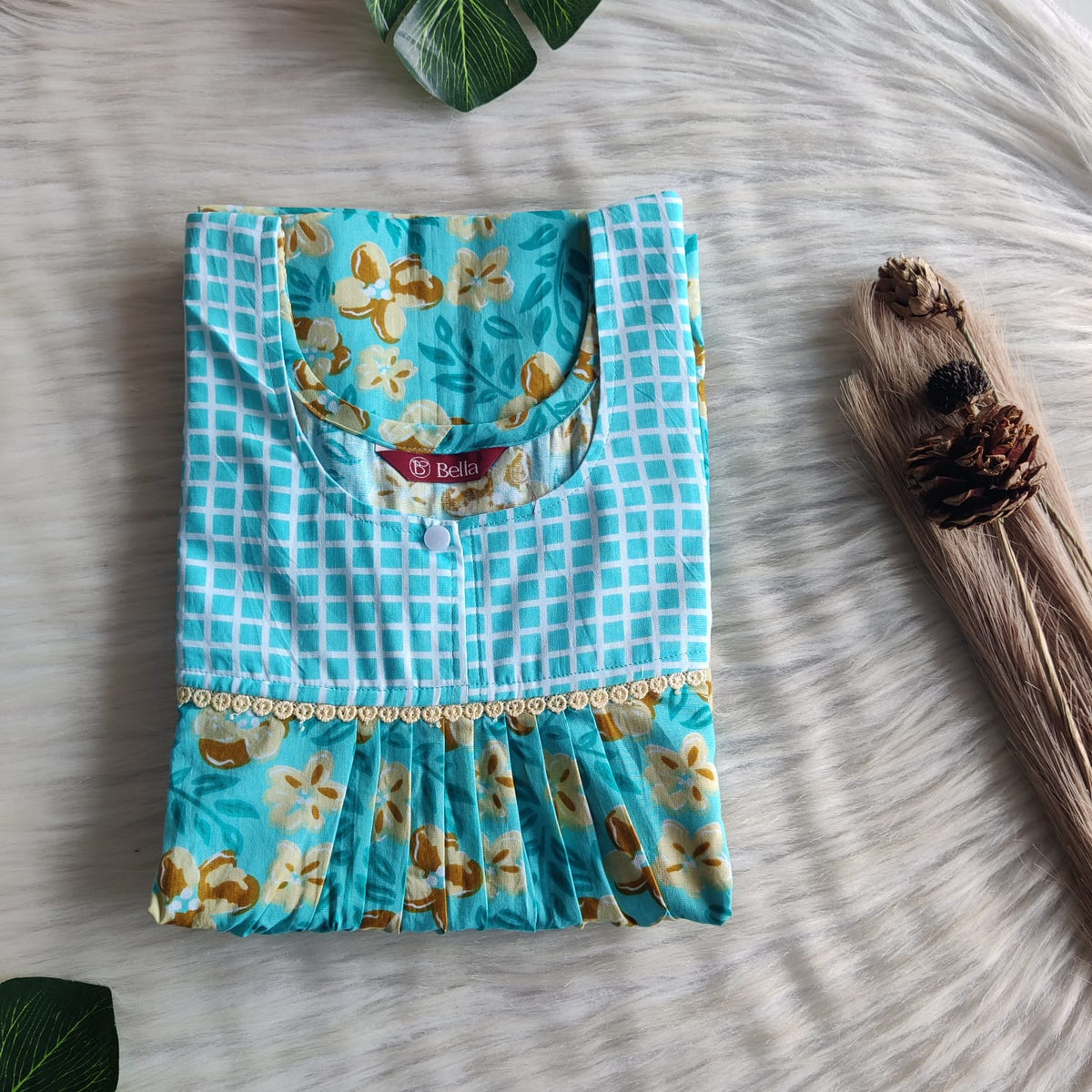 Blue And Yellow Floral Printed Premium Cotton Lace Nighty | Free Size | Chest Width 44″| Length 54″-56″