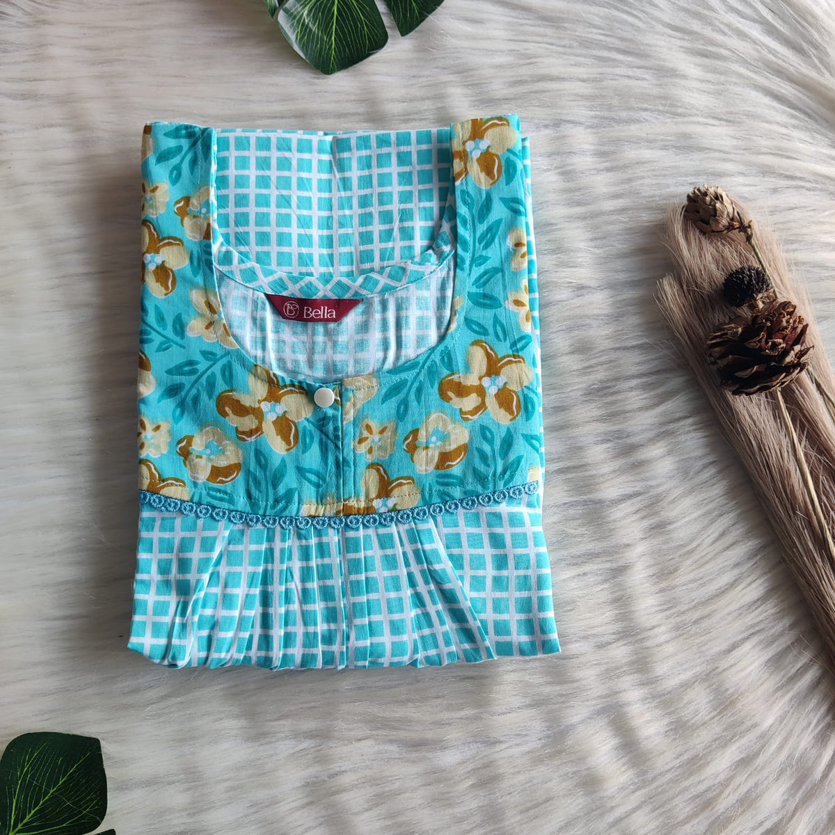 Yellow And Blue Check Printed Premium Cotton Lace Nighty | Free Size | Chest Width 44″| Length 54″-56″