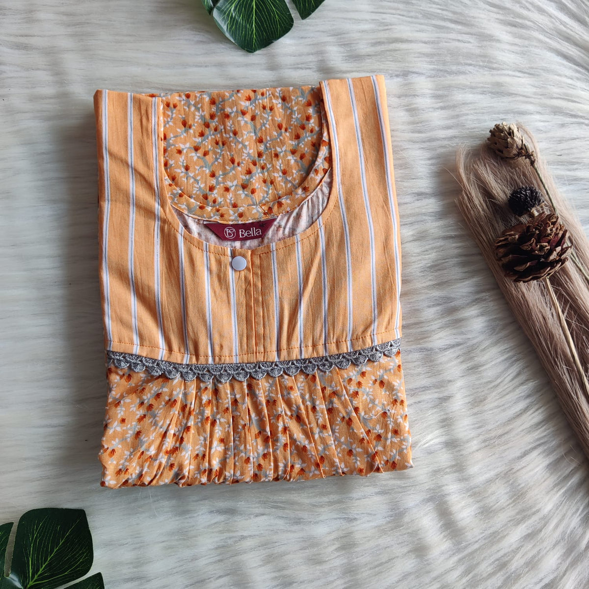 Pale And Dark Orange Printed Premium Cotton Lace Nighty | Free Size | Chest Width 44″| Length 54″-56″
