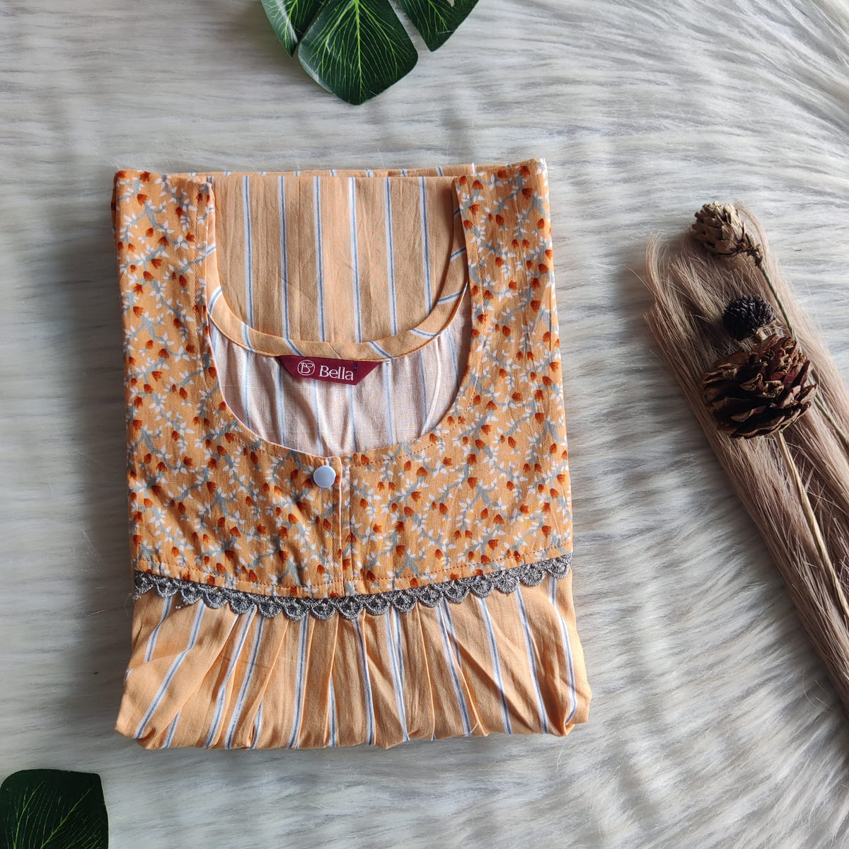 Dark And Pale Orange Printed Premium Cotton Lace Nighty | Free Size | Chest Width 44″| Length 54″-56″
