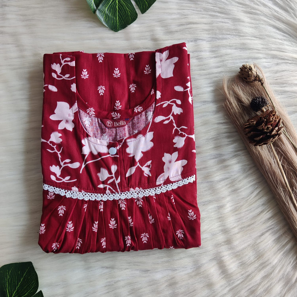 White And Maroon Printed Premium Cotton Lace Nighty | Free Size | Chest Width 44″| Length 54″-56″