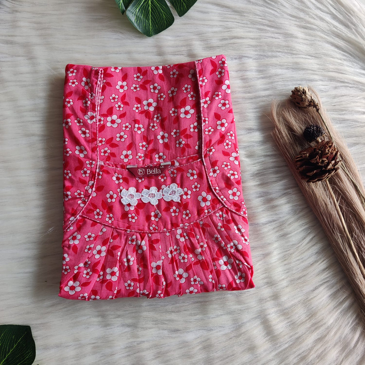 Pink Floral Printed Premium Cotton Three Flower Nighty |Free Size | Chest Width 44"| Length 54"-55"
