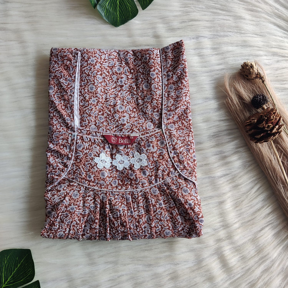 Brown Printed Premium Cotton Three Flower Nighty |Free Size | Chest Width 44"| Length 54"-55"