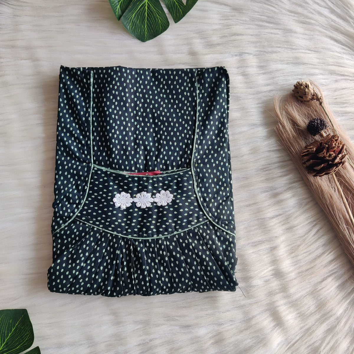 Dark Green Dot Printed Premium Cotton Three Flower Nighty |Free Size | Chest Width 44"| Length 54"-55"
