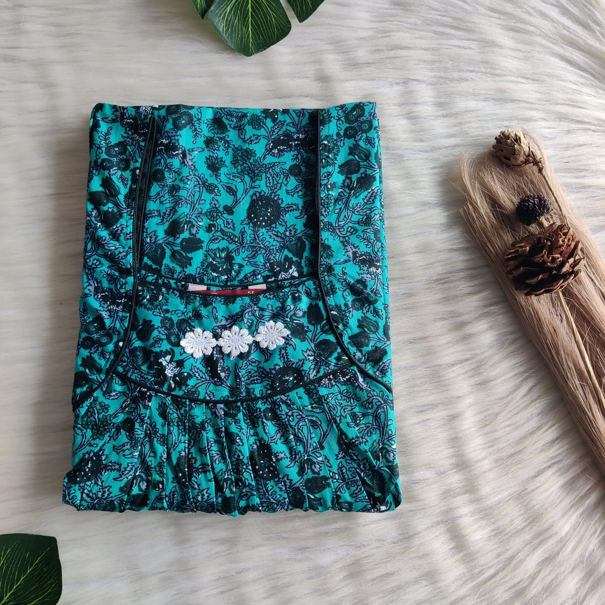 Green Floral Printed Premium Cotton Three Flower Nighty |Free Size | Chest Width 44"| Length 54"-55"