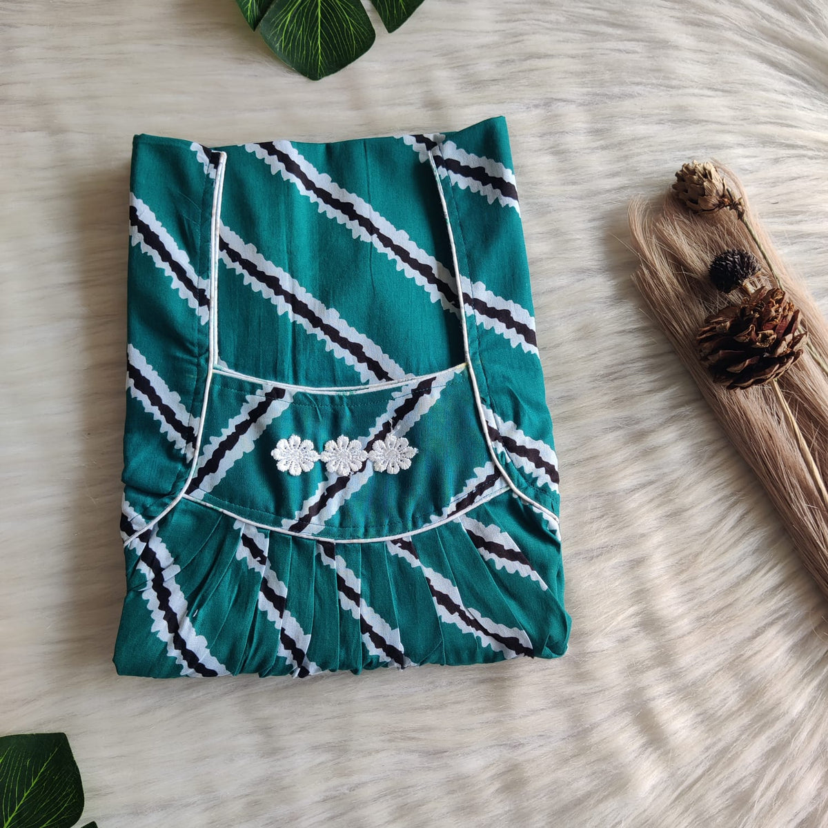 Green And White Stripes Premium Cotton Three Flower Nighty |Free Size | Chest Width 44"| Length 54"-55"