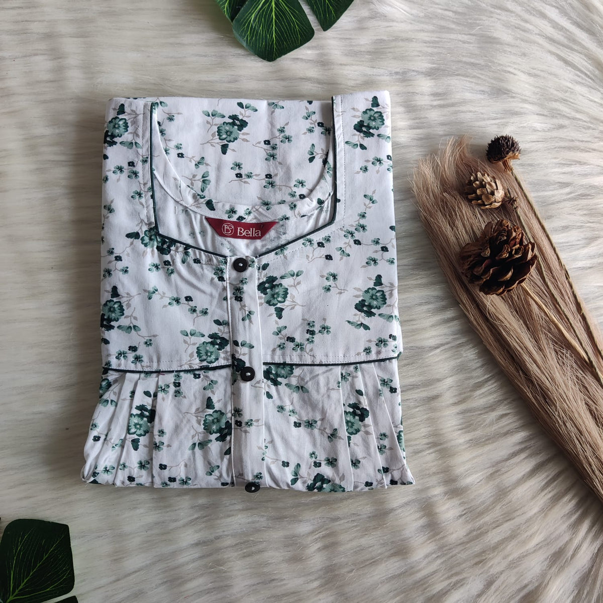 Green Floral Printed White Pure Cotton Button Zip Nighty | Free Size | Chest Width 44″| Length 55″-56″