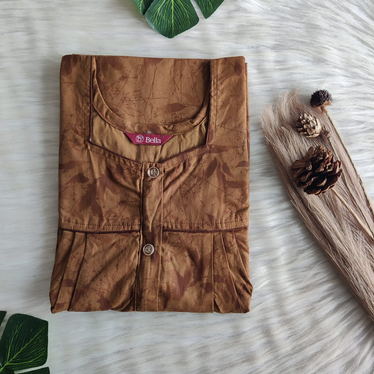 Brown Printed Pure Cotton Plus Size Button Zip Nighty | Chest Width 50″| Length 55″-56″