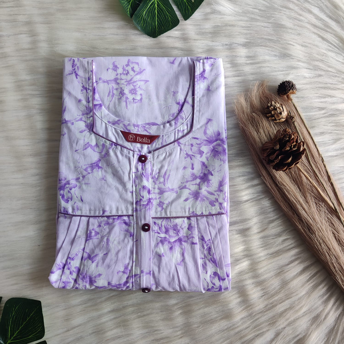 Lavender Floral Printed Pure Cotton Plus Size Button Zip Nighty | Chest Width 50″| Length 55″-56″