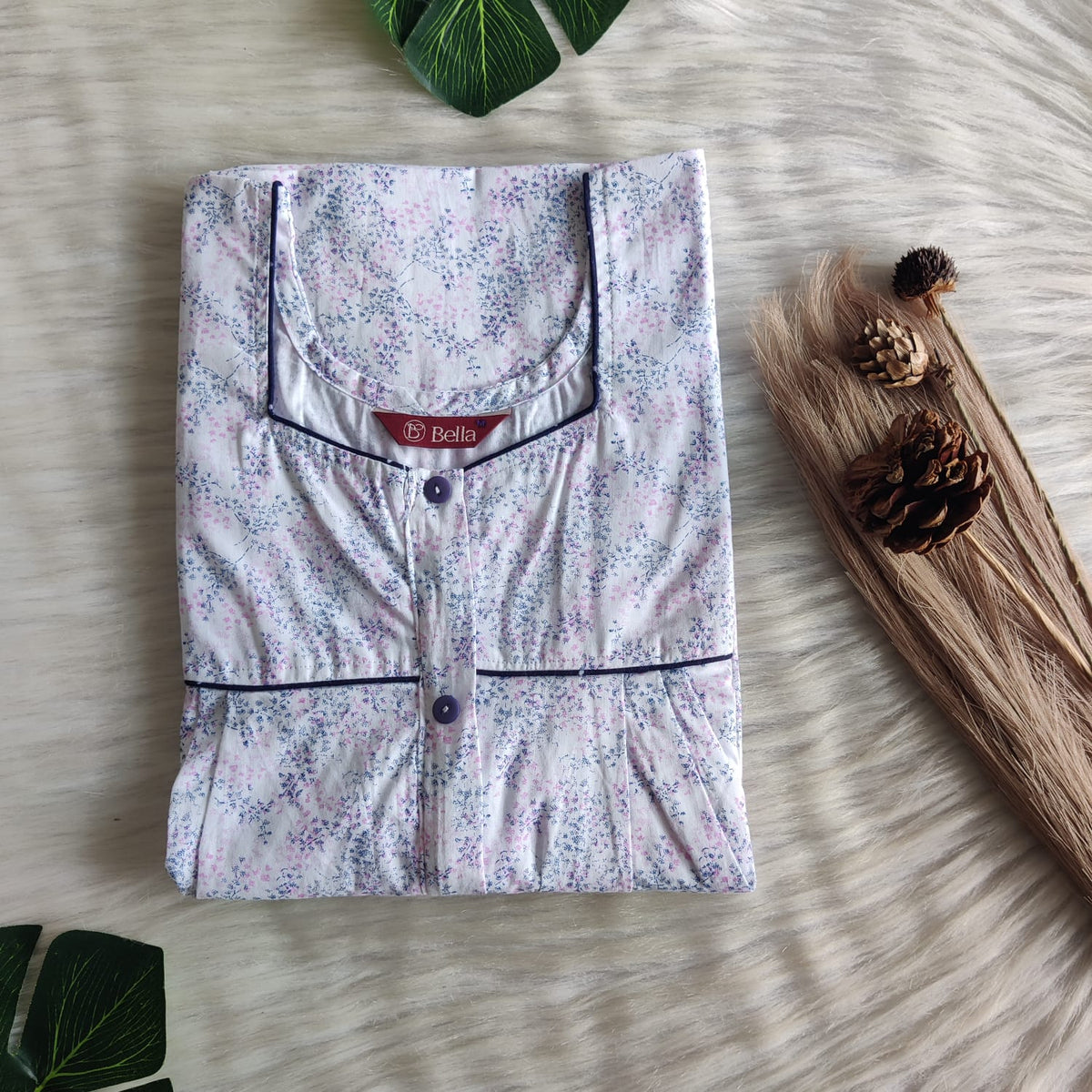 Pink And Blue Floral Printed White Pure Cotton Plus Size Button Zip Nighty | Chest Width 50″| Length 55″-56″