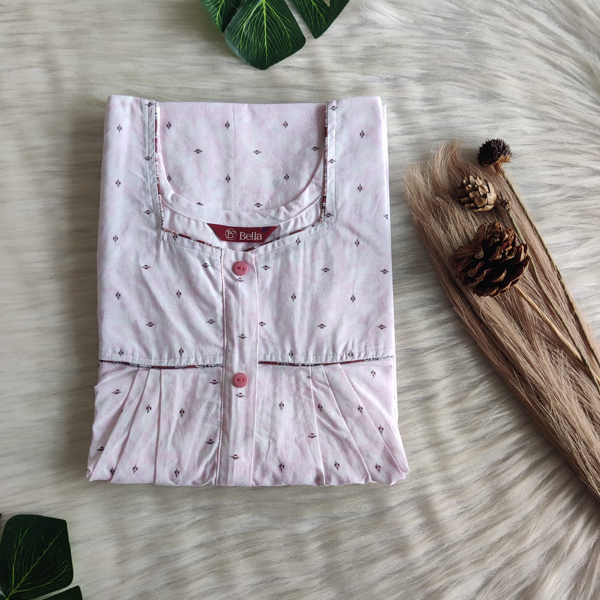 Pale Pink Printed Pure Cotton Plus Size Button Zip Nighty | Chest Width 50″| Length 55″-56″