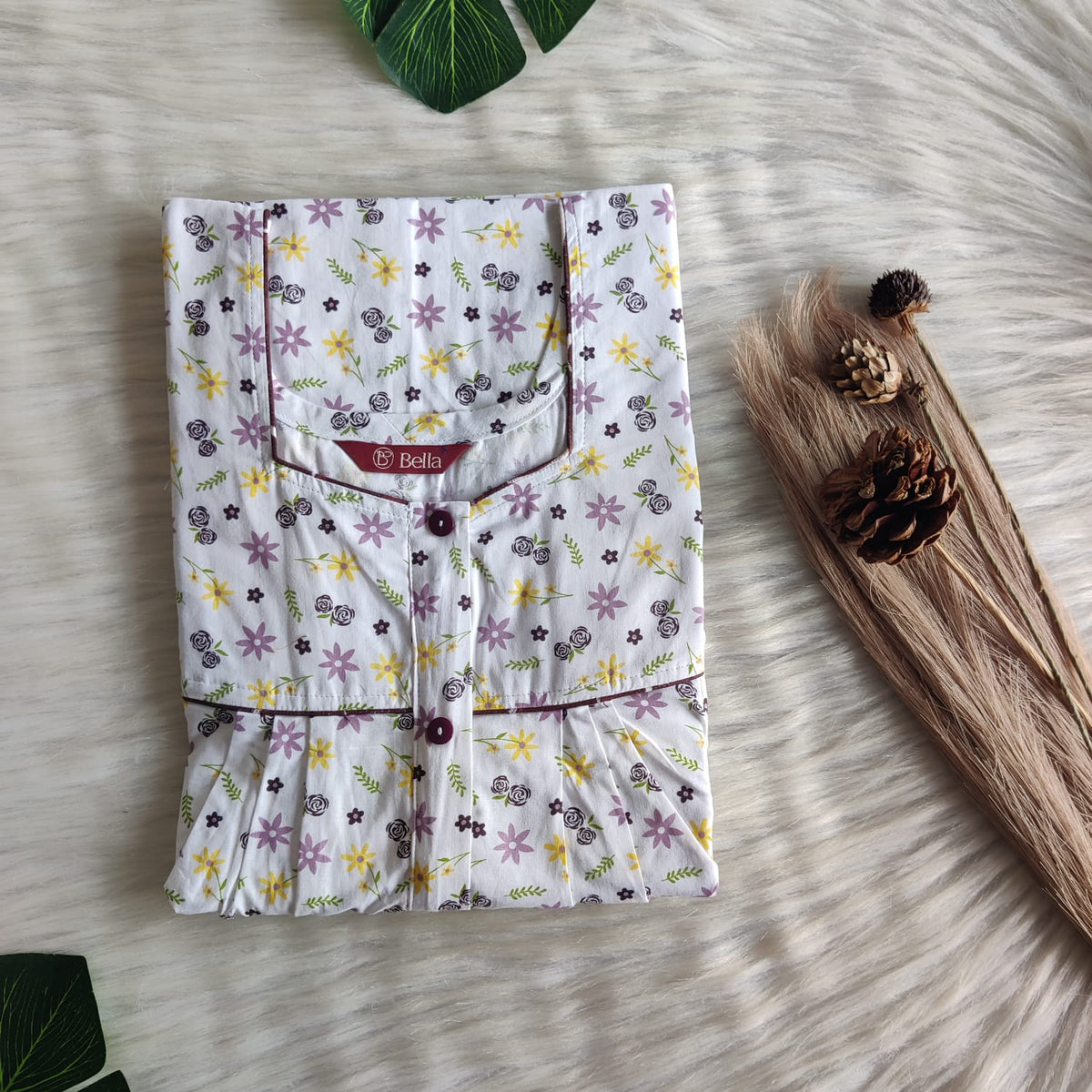 Yellow And Mauve Floral Printed White Pure Cotton Plus Size Button Zip Nighty | Chest Width 50″| Length 55″-56″