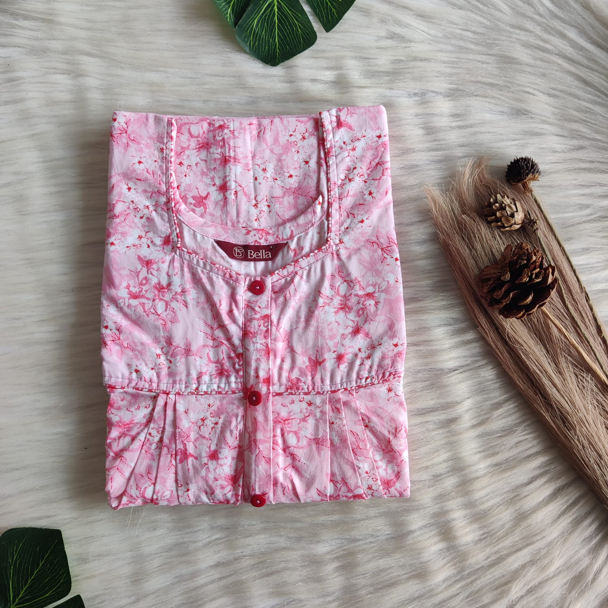 Pink Floral Printed Pure Cotton Plus Size Button Zip Nighty | Chest Width 50″| Length 55″-56″