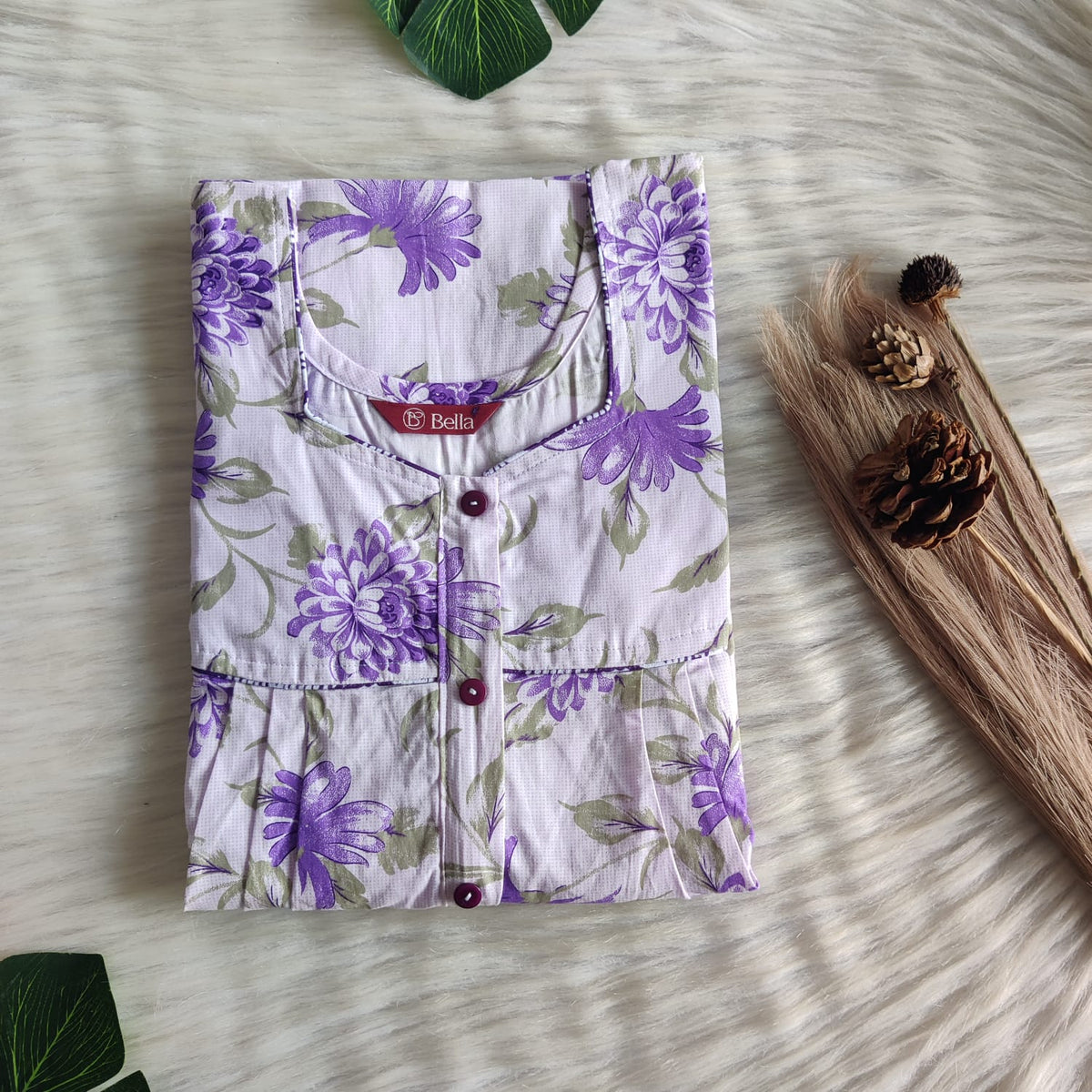 Purple Floral Printed White Pure Cotton Plus Size Button Zip Nighty | Chest Width 50″| Length 55″-56″