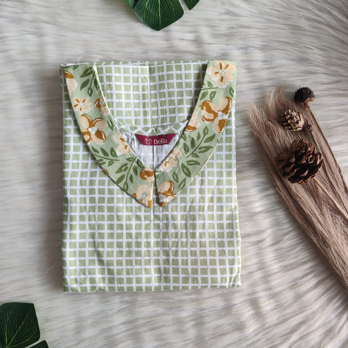 Yellow And Green Check Printed Premium Cotton Peter Pan Collar Nighty | Free Size | Chest Width 44″| Length 55″-56″