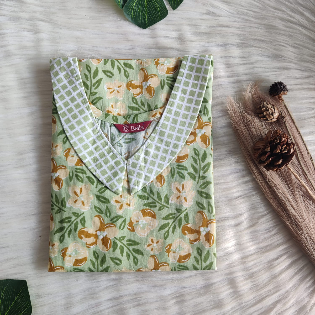 Green And Yellow Floral Printed Premium Cotton Peter Pan Collar Nighty | Free Size | Chest Width 44″| Length 55″-56″