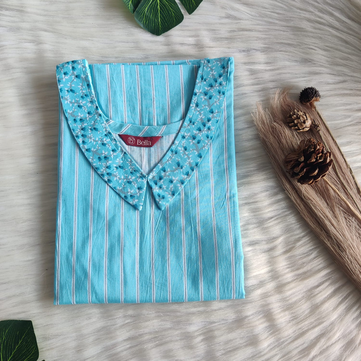 Dark And Pale Blue Stripe Printed Premium Cotton Peter Pan Collar Nighty | Free Size | Chest Width 44″| Length 55″-56″