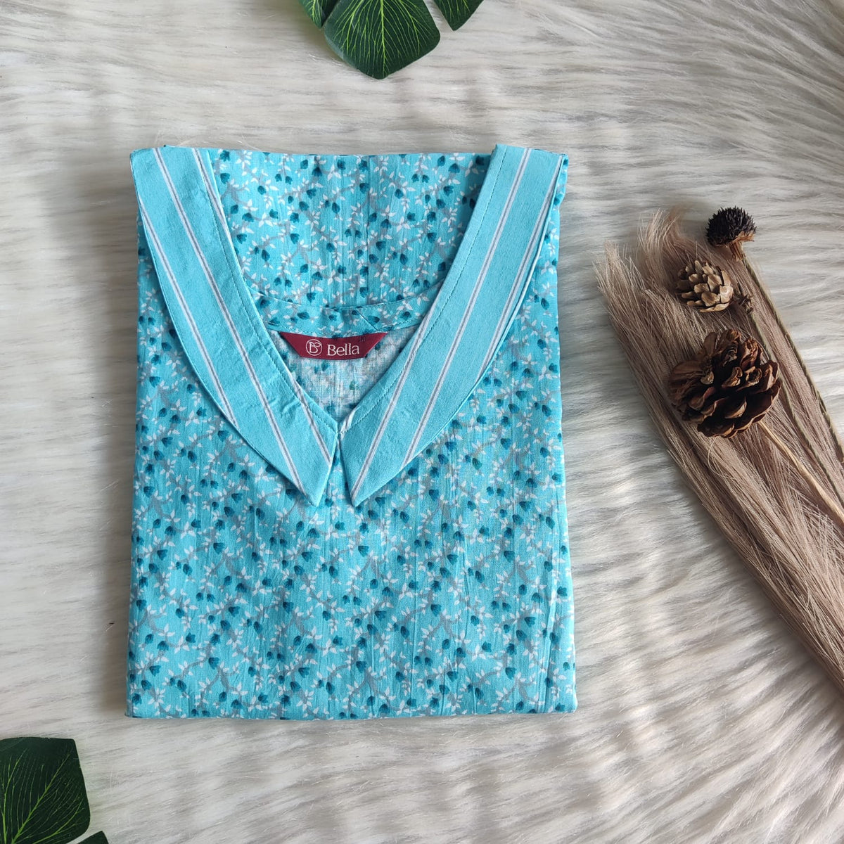 Pale And Dark Blue Floral Printed Premium Cotton Peter Pan Collar Nighty | Free Size | Chest Width 44″| Length 55″-56″