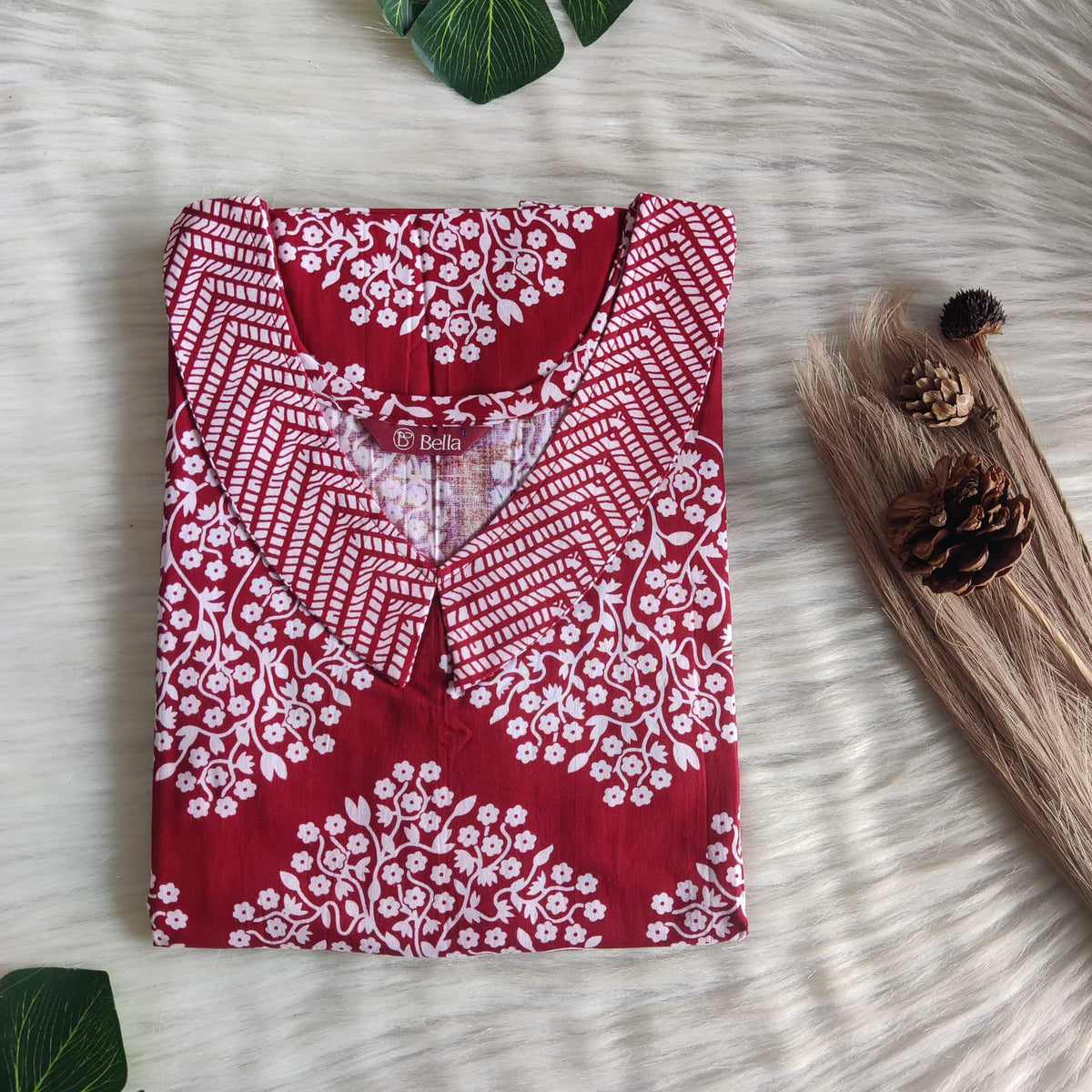 White And Maroon Printed Premium Cotton Peter Pan Collar Nighty | Free Size | Chest Width 44″| Length 55″-56″