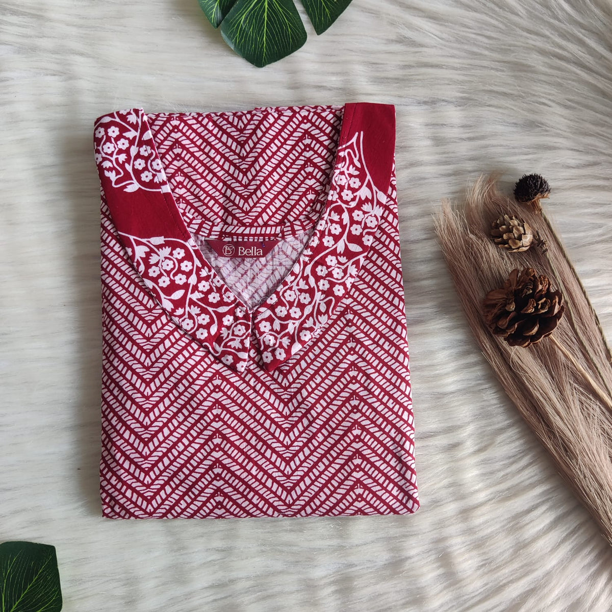 Maroon And White Zig-Zag Printed Premium Cotton Peter Pan Collar Nighty | Free Size | Chest Width 44″| Length 55″-56″