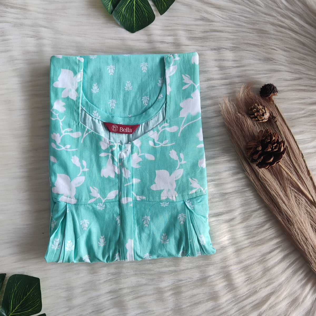 White And Green Printed Premium Cotton Pleated Vertical Zip Feeding Nighty | Free Size | Chest Width 44″| Length 54″-56″