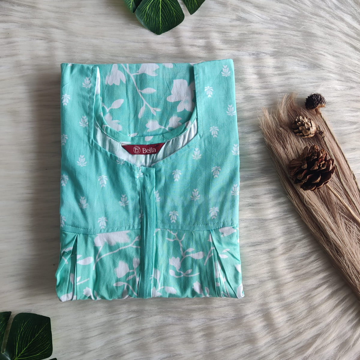Green And White Floral Printed Premium Cotton Pleated Vertical Zip Feeding Nighty | Free Size | Chest Width 44″| Length 54″-56″