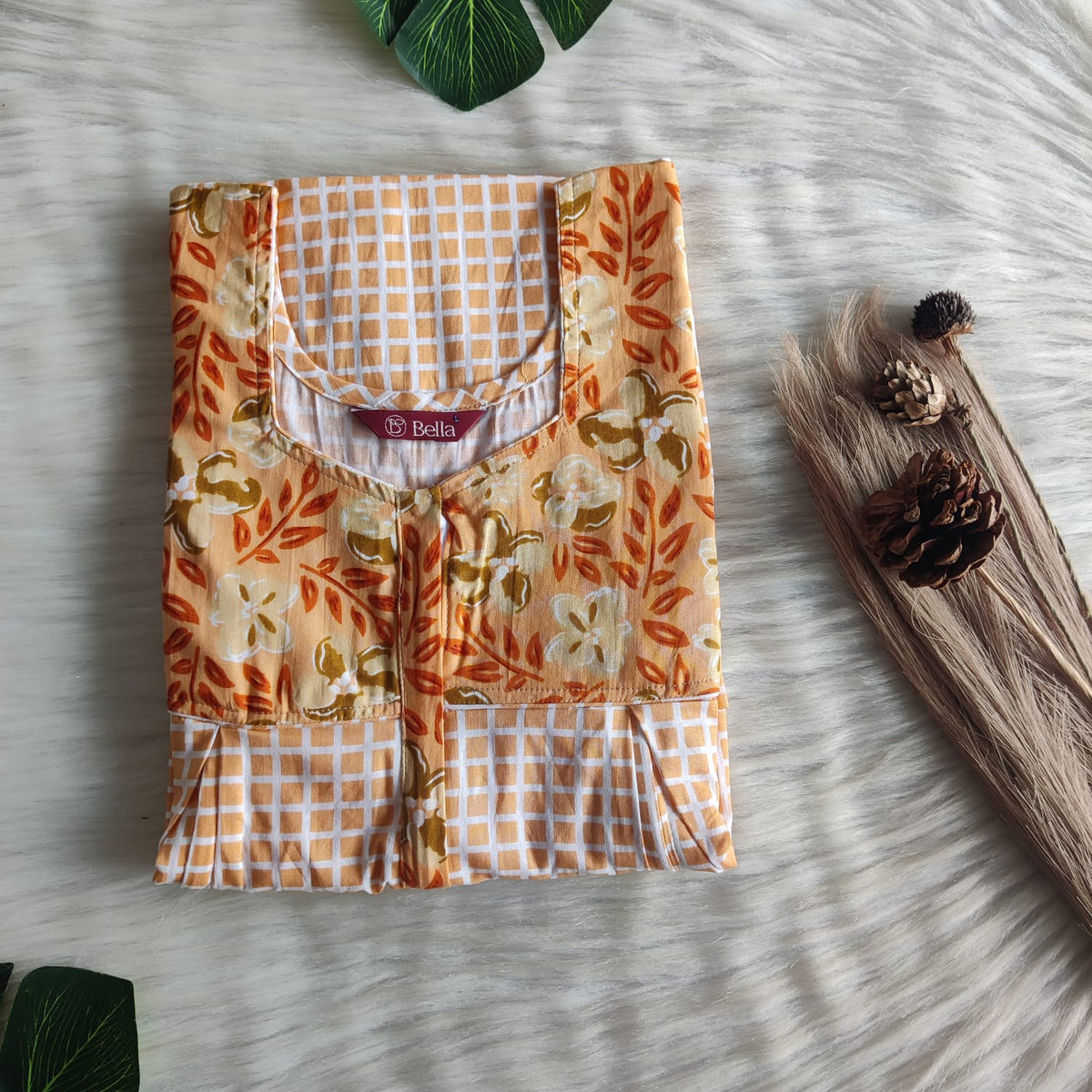 Yellow And Pale Orange Check Printed Premium Cotton Pleated Vertical Zip Feeding Nighty | Free Size | Chest Width 44″| Length 54″-56″