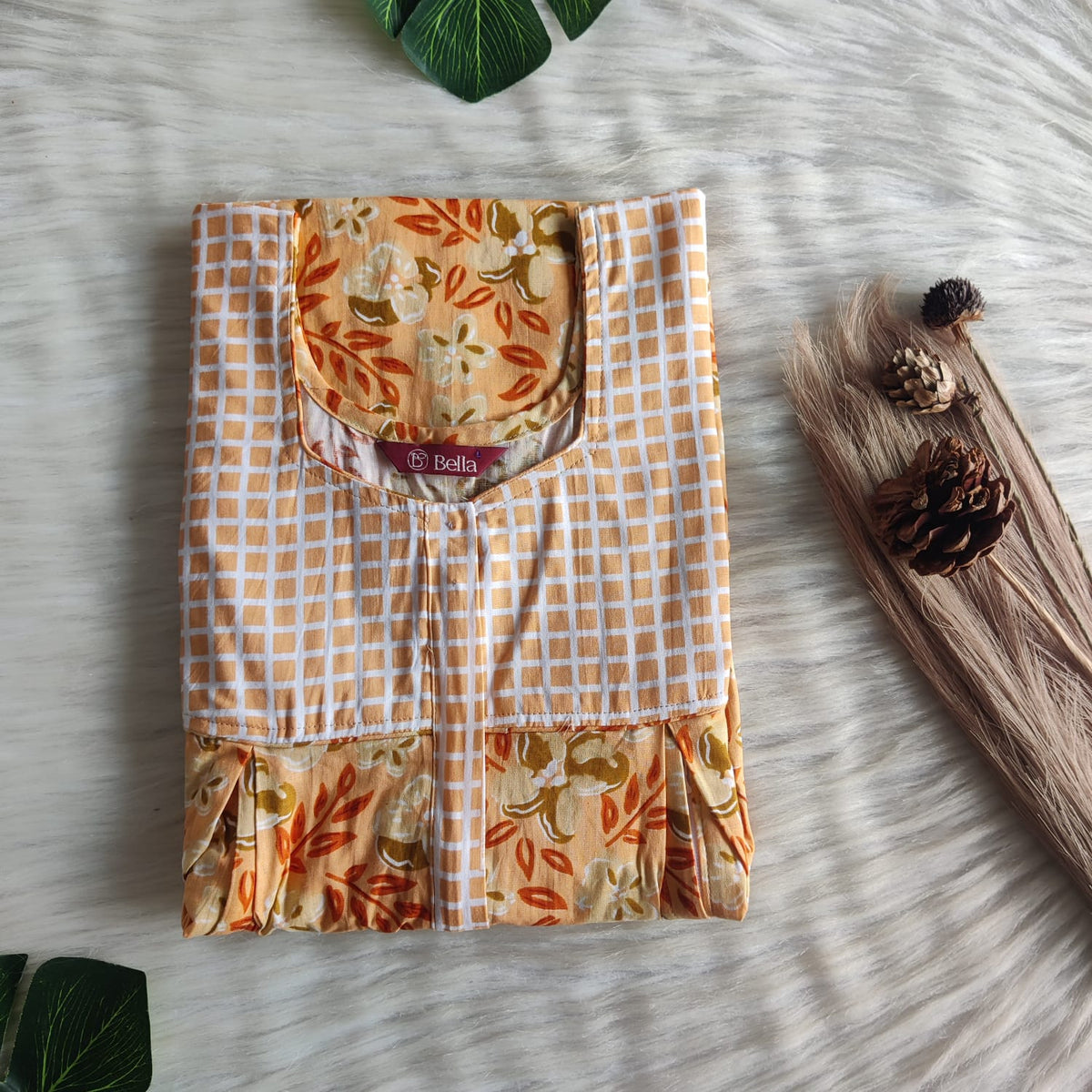 Pale Orange And Yellow Floral Printed Premium Cotton Pleated Vertical Zip Feeding Nighty | Free Size | Chest Width 44″| Length 54″-56″