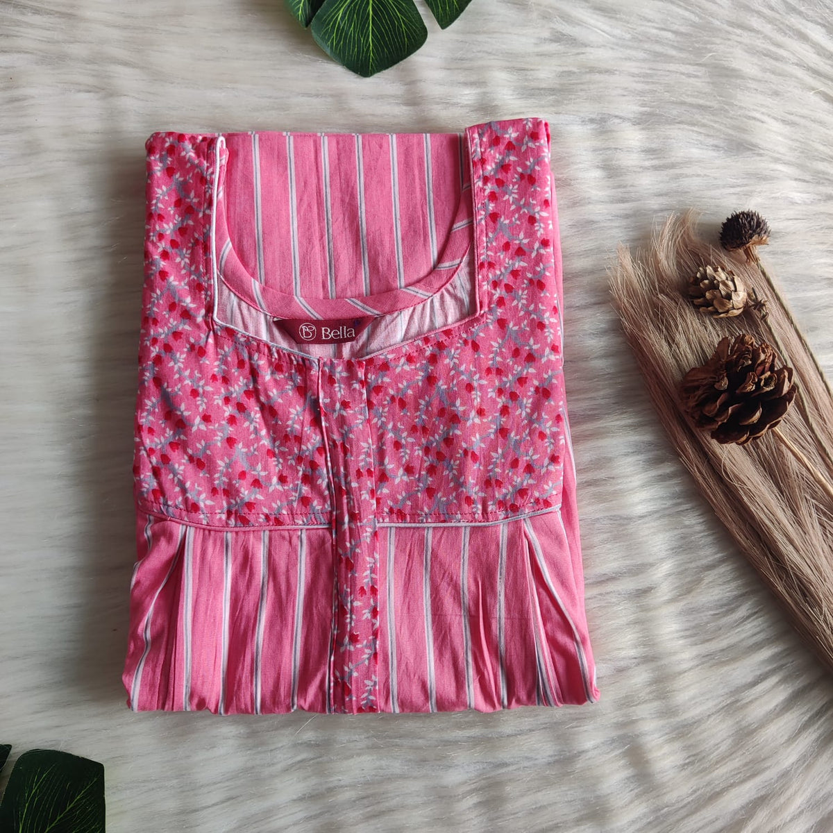 Grey And Pink Stripes Printed Premium Cotton Pleated Vertical Zip Feeding Nighty | Free Size | Chest Width 44″| Length 54″-56″