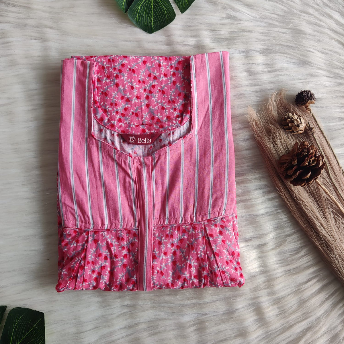 Pink And Grey Floral Printed Premium Cotton Pleated Vertical Zip Feeding Nighty | Free Size | Chest Width 44″| Length 54″-56″