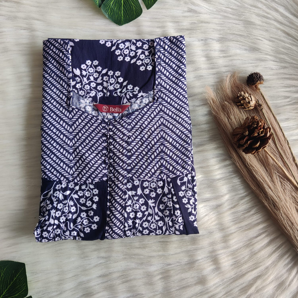 White And Navy Blue Floral Printed Premium Cotton Pleated Vertical Zip Feeding Nighty | Free Size | Chest Width 44″| Length 54″-56″